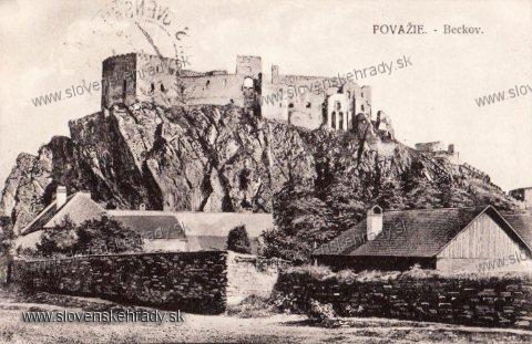 Beckov - hrad na pohadnici z roku 1923<br>Zdroj: www.aukro.sk