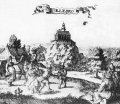 Ostr Kame - hrad Ostr Kamen so nrovou skupinou (detail), medirytina a lept J. Nypoorta, 1686